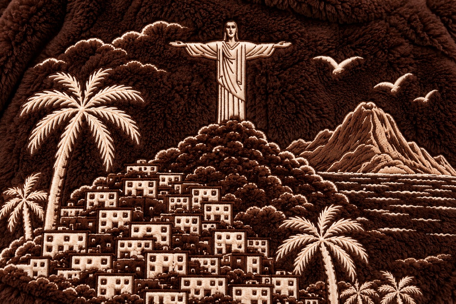 Scène de la favela brodée au dos de la veste polaire Rio